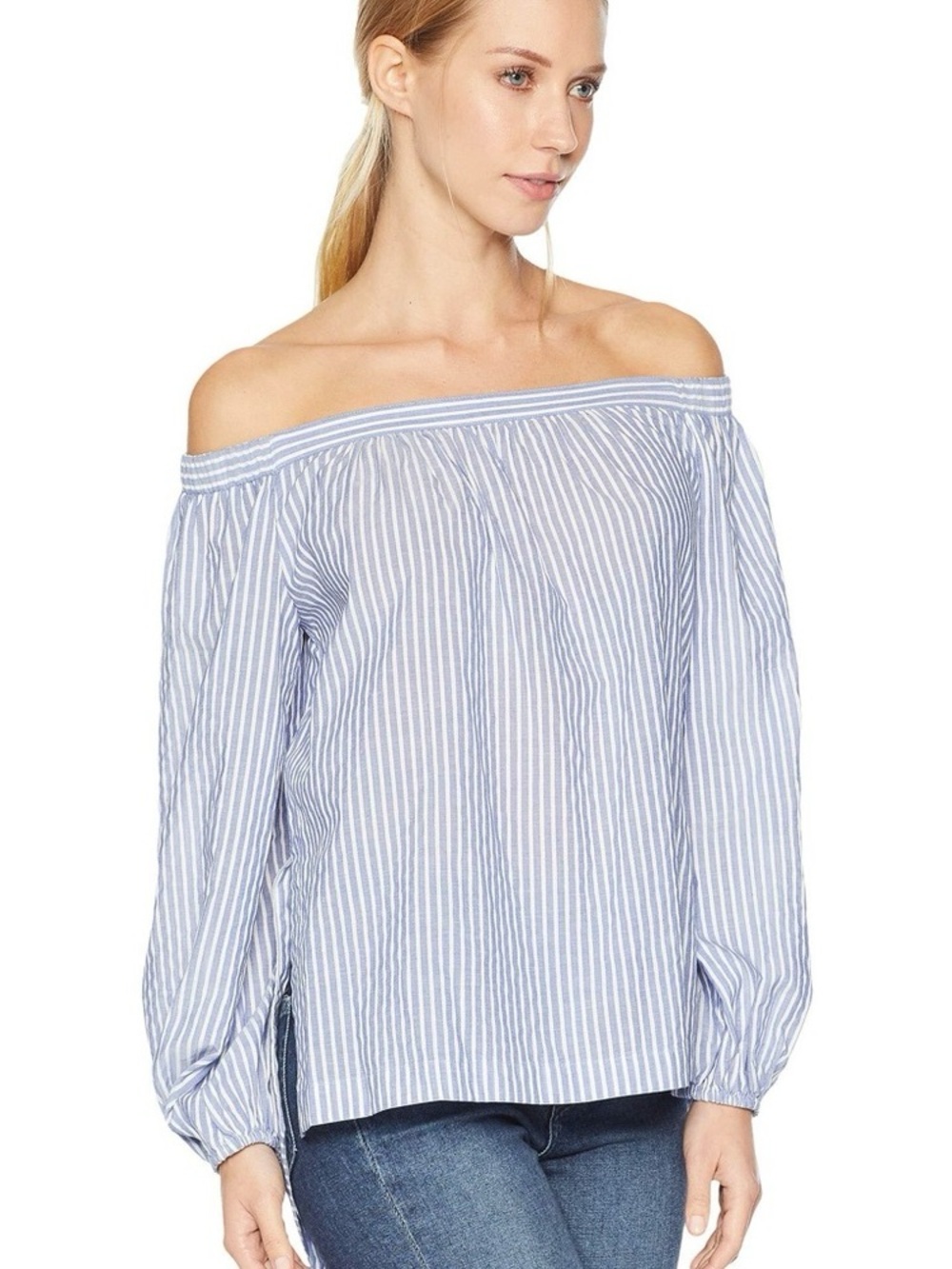BCBGMaxAzria Ellsie Off-The-Shoulder Striped Top Blue White XS